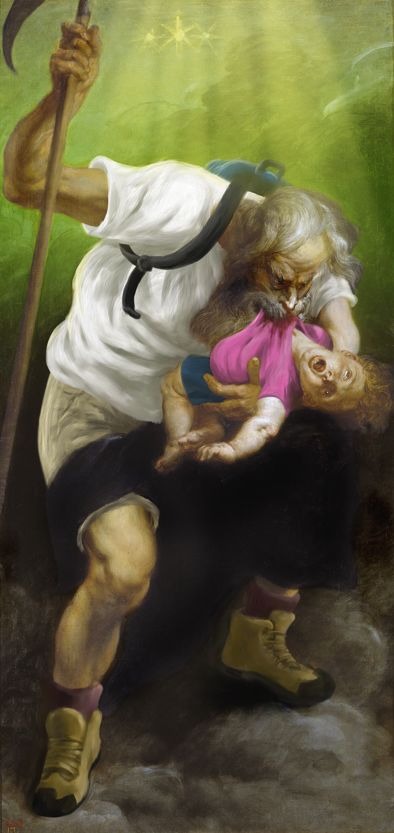 Saturn Devouring His Son by Peter Paul Rubens. Digitally vandalized by Pete Soloway