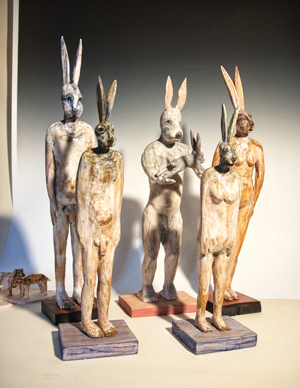 From Peterson’s collection "Naked Rabbitmen." These pieces are from a series of human-like rabbits Peterson has carved over the years. Photo by Ross Blanchard. 