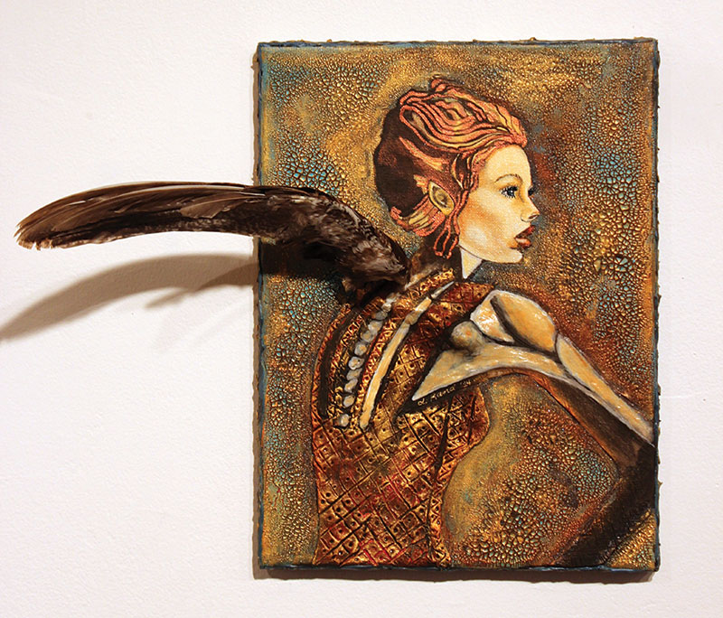 Linda Rand, Bird Girl. 2014. Oil, acrylic, paper, clay, taxidermy, Lady Armherst's pheasant wing.