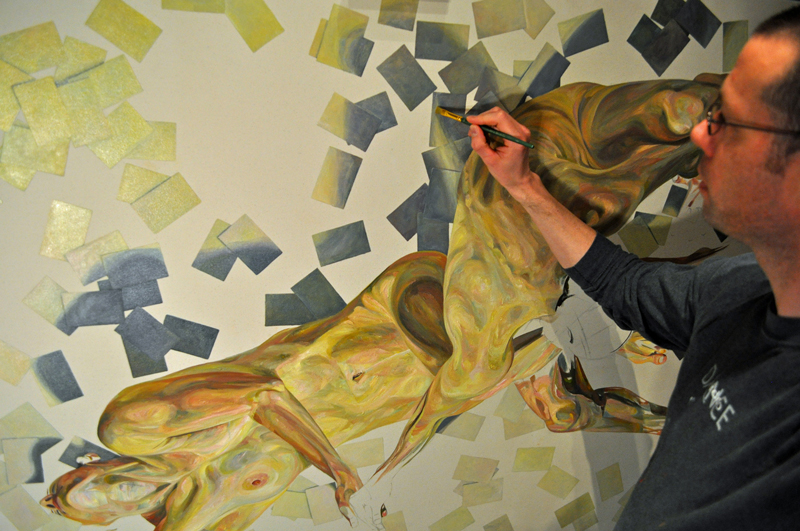 Painter Paul X. Rutz works through a painting in his Portland, Oregon, studio, May, 2015.